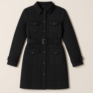 Express Black Quilted Belted Coat Long Button Front Trench Size 6